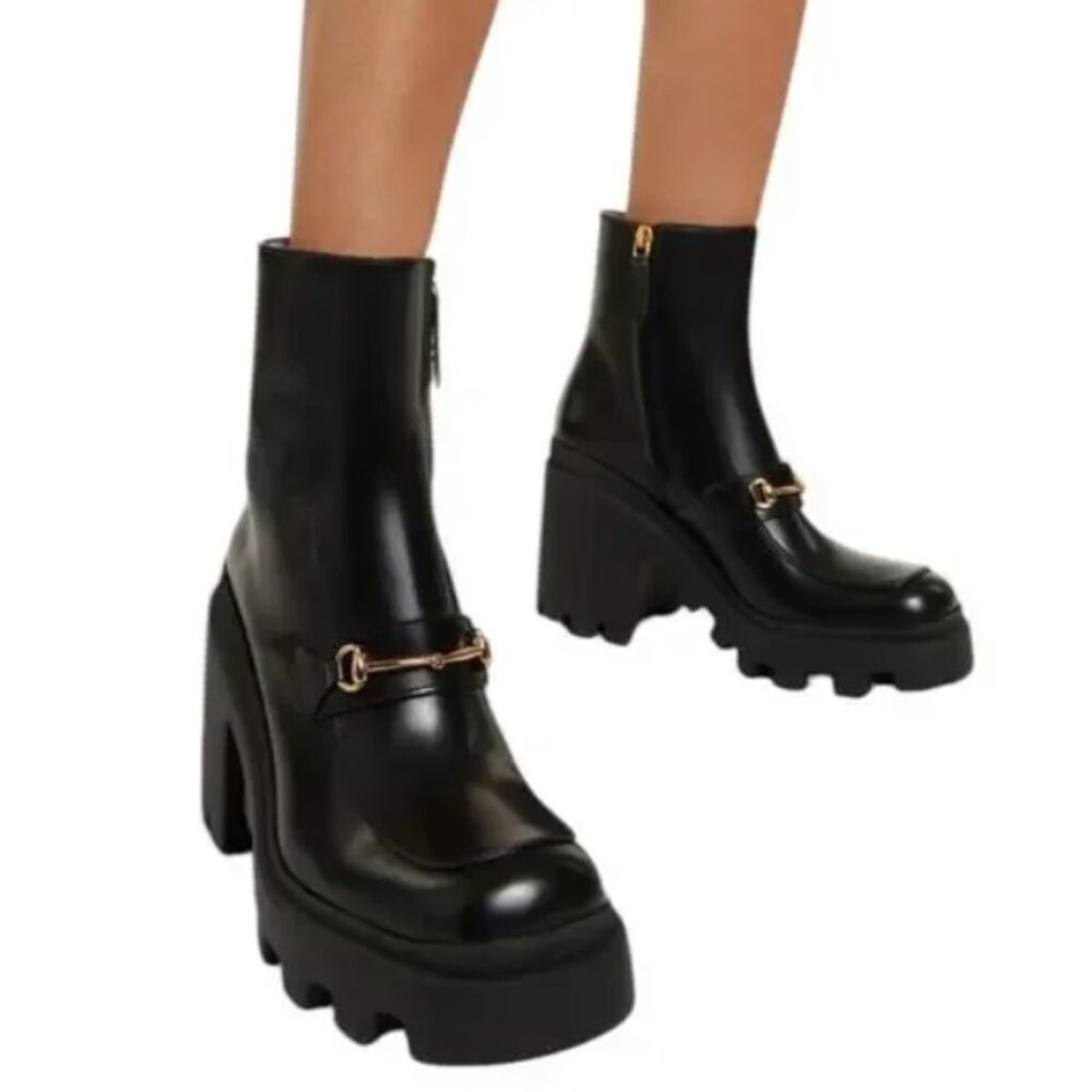 Gucci Horsebit Ankle Boots Black Leather Square Toe Lug Sole Size 36.5 / US 6.5 - Picture 2 of 14